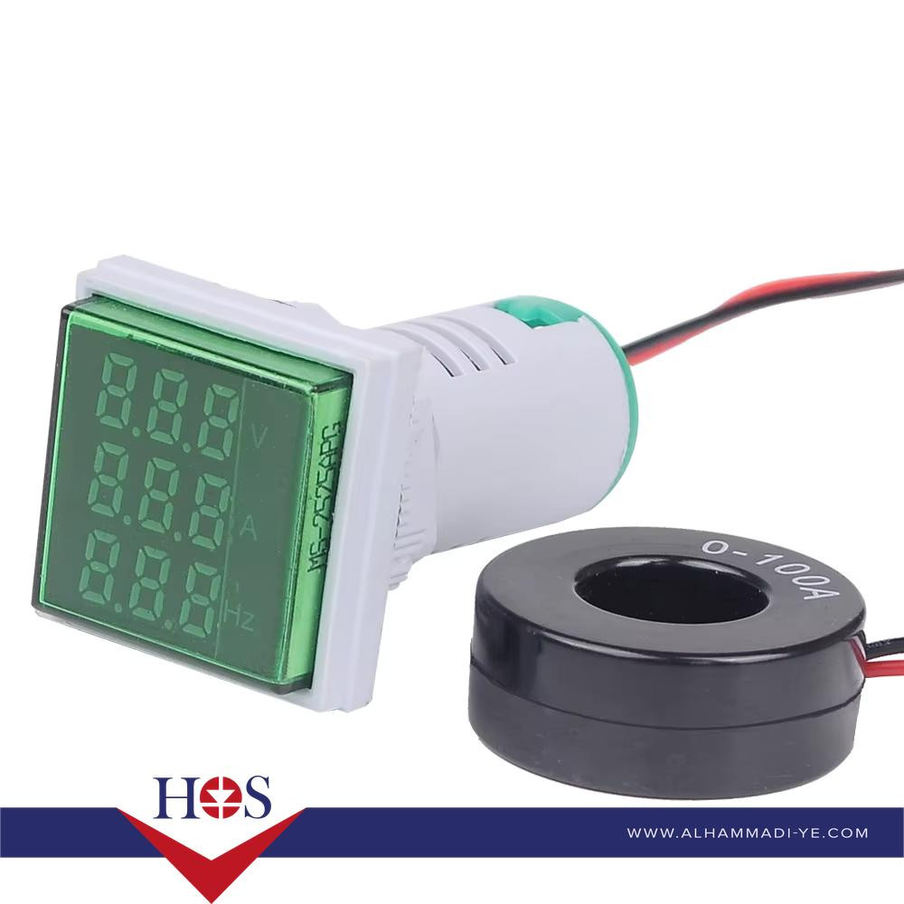 Green AC50-500V 0-100A 0-100Hz 22mm AD16-22AVHz Square Cover LED Voltage Current Hertz Three Display Indicator Light with Transformer مقياس فولت وامبير وتردد اخضر